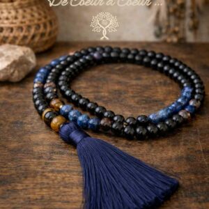 Collier Mala Bohème  Œil de Tigre • Agate • Lapis-Lazuli